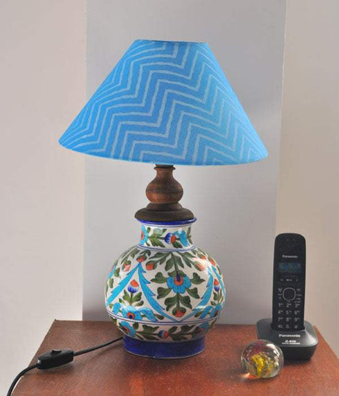 Turquoise Flowers and Lime Green Leaves On White Base Table Lamp (Without Lampshade)